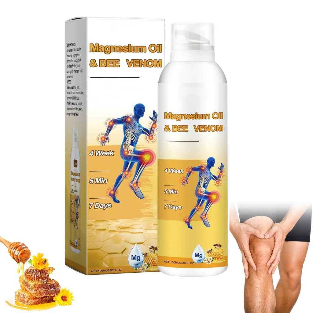 Magnesium Joint Spray, Professional Magnesium Joint Oil,Magnesium Oil & Bee Venom Joint Spray for Back, Knee, Hands, Neck （1 PCS,100ml）
