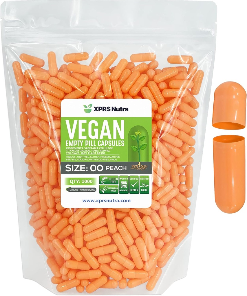 XPRS Nutra Taille 00 Capsules vides - 1000 Compte Capsules vides de végétaliens - Pilules vides végétariennes - Bricolage Capsules végétales Remplissage- Caps de pilules végétariennes (Peach)