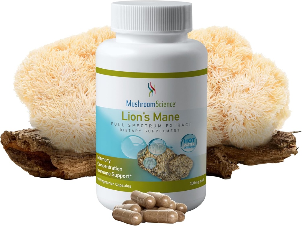 MushroomScience Lions Mane Mushroom Capsules, Memory & Concentration Support, Full Spectrum Extract, Mushroom Supplement für Erwachsene, Hot Water Extracted Pilze, Vegetarisch, 300MG, 90 ct