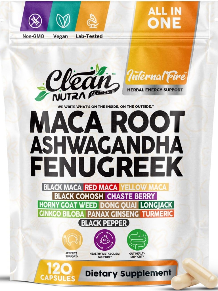 Clean Nutra Internal Fire One Herbal Supplement with Maca Root, Ashwagandha, Fenugreek, Black Cohosh, Chaste Berry Tree, Horny Goat Weed, Dong Quai, Longjack, Ginkgo Biloba & Panax Ginseng120 Capsules