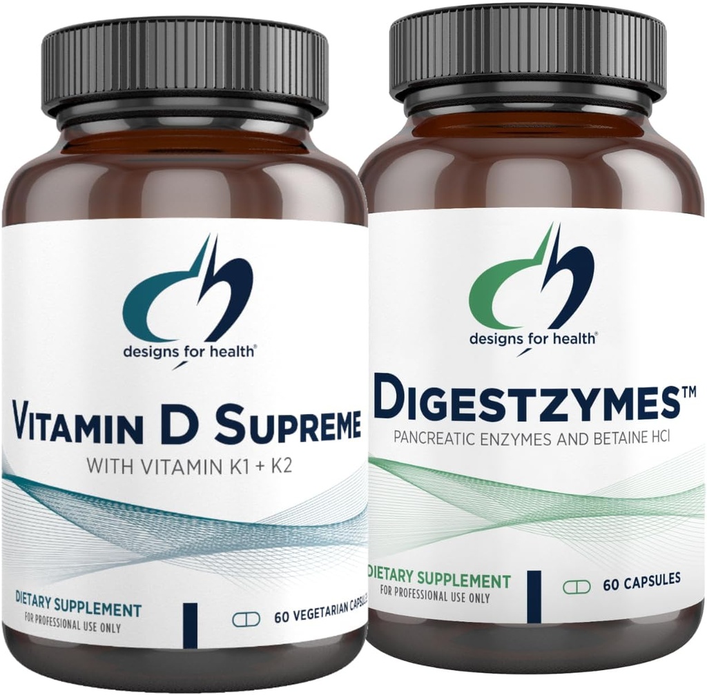 Designs für Gesundheit Vitamin D Supreme + Digestzymes Verdauungsenzyme Bundle - Vitamin D3 5000 IU mit 2000mcg Vitamin + Verdauungsunterstützung Enzyme mit Betaine HCl - 2 Produkte
