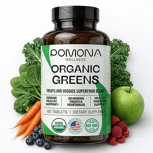 Pomona Wellness Super Greens Supplément, plein de vitamines et minéraux super-alimentaires, fruits et légumes, Greens Poudre pour Bloating et Digestion, Gut Health, USDA biologique, non-OGM, 60 comprimés