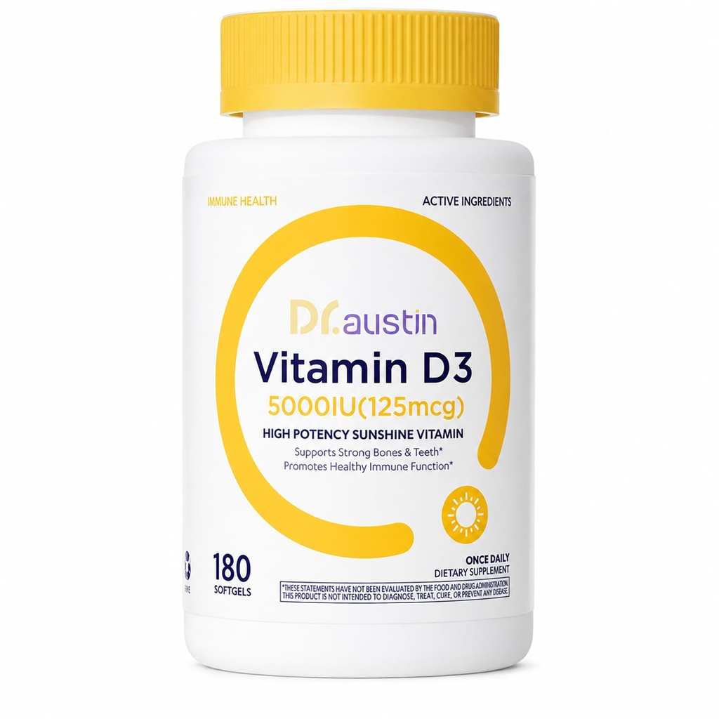 Dr. Austin Vitamin D3 5000 IU (125mcg) – 180 Softgels | Extra Strength with MCT Oil for Enhanced Absorption | Supports Immune Health & Bone Strength | Cholecalciferol Vitamin D Supplement