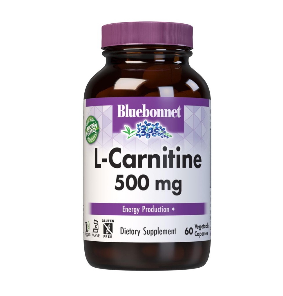 BlueBonnet L-Carnitine Tartrate 500mg Free Form Amino Acid - L Carnitine Supplement for Cellular Energy Production, Metabolism & Workout Recovery - Non-GMO, Vegan, Gluten-Free - 60 Capsules