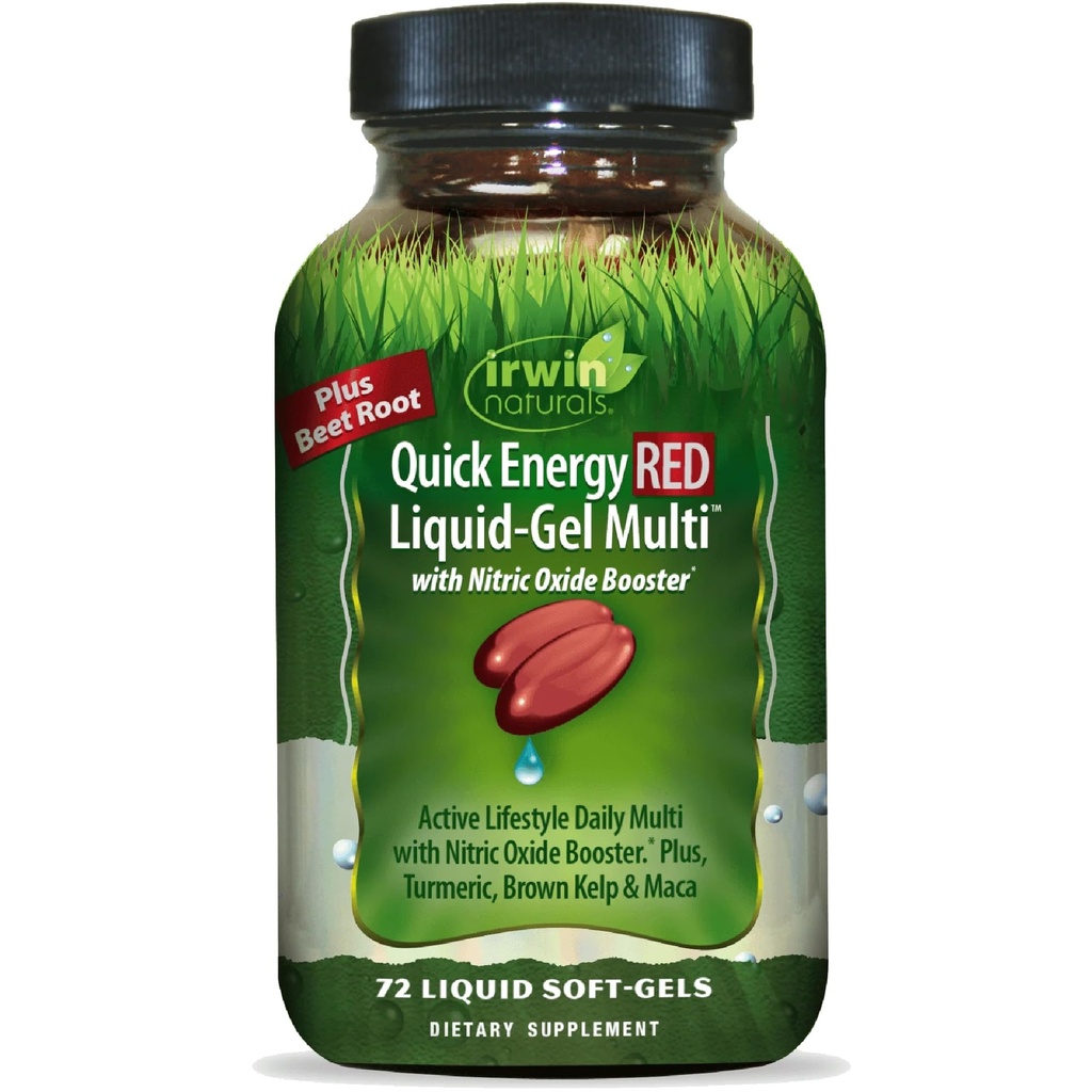 Irwin Naturals Quick Energy RED Liquid-Gel Multi avec Booster à Oxyde Nitrique - 72 Softgels liquides - avec Booster à Oxyde Nitrique, Turmeric, Brown Kelp, Maca & Beet Root