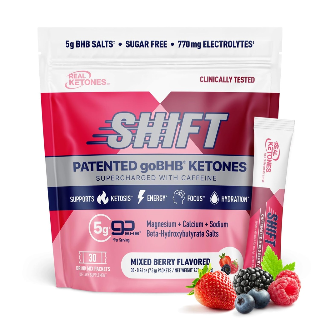 Cétones réelles BHB Cétones exogènes Boire des paquets de mélange Céto Électrolytes Powder Packets Pas de sucre avec 4 électrolytes à jeun principal Plus hydratant breveté Céto BHB - 30 Compte mixte Berry caféine