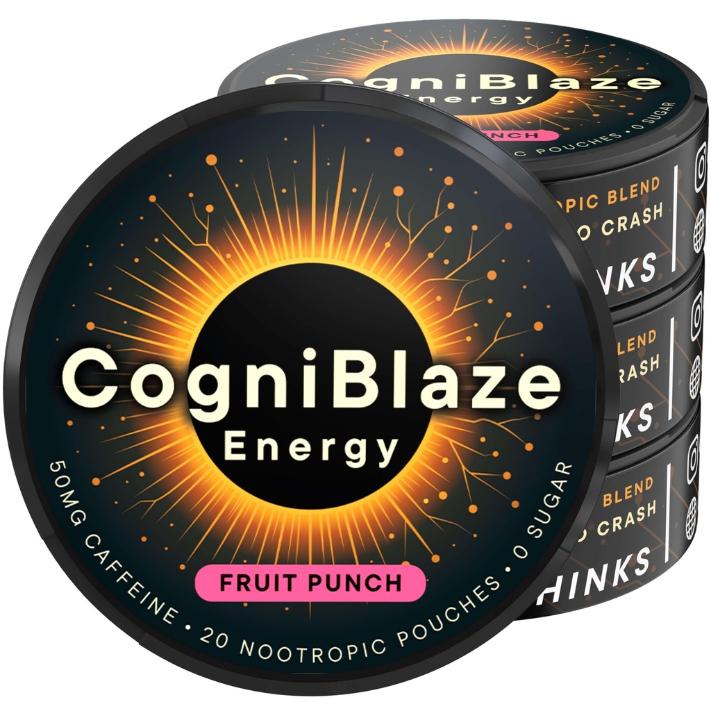 Caffeine Pouches (Fruit Punch) | Nootropic Energy Pouches with 50mg Caffeine, Alpha GPC, L-Tyrosine & L-Theanine | Zero Sugar | No Artificial Sweeteners | 4 Pack (80 Total)
