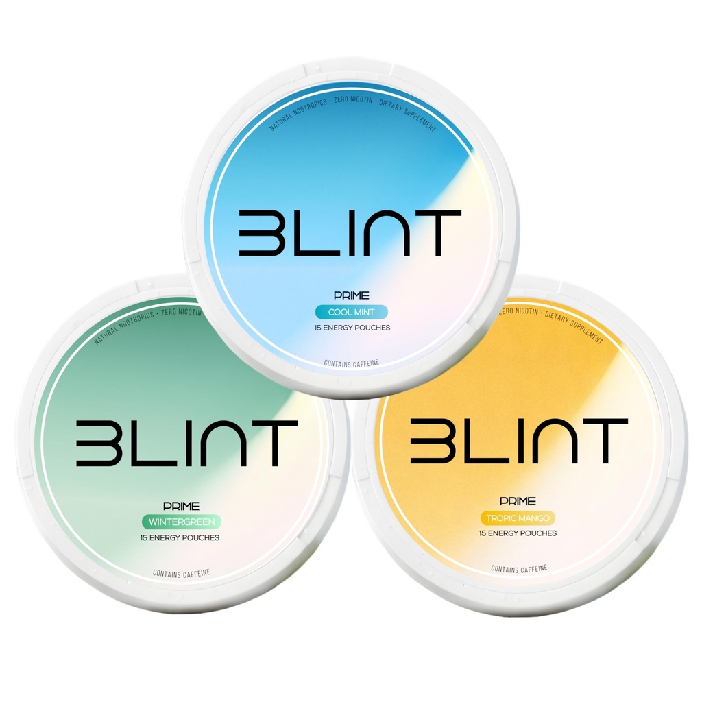 BLINT Prime Caffeine Nootropic Pouches – L-Theanine, Alpha GPC, L-Tyrosine | Brain Supplements for Memory and Focus | Energy Pouches | 15 Pouches Per Can | Variety Pack (3 Cans)