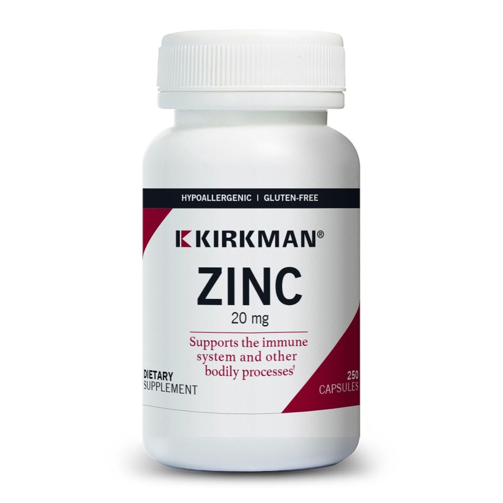 Kirkman - Zinc 20mg - 250 Capsules - Immune Support - High Absorption - Hypoallergenic