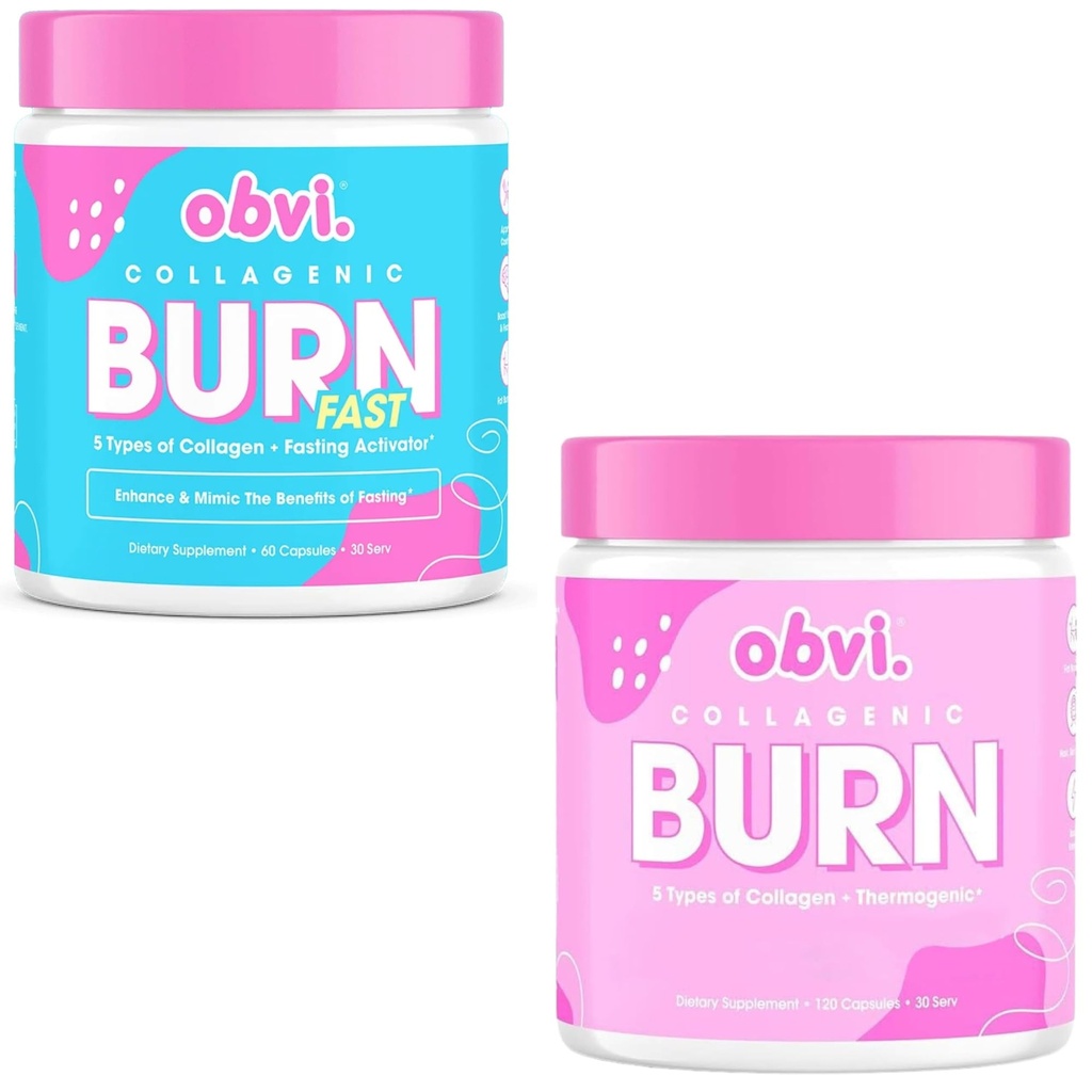 Obvi Burn Duo Bundle - Collagenic Burn and Burn Fast- Collagen Peptide Supplement with Green Tea Extract - Hydrolyzed Collagen Peptides Types I, II, III, V, X | Keto & Gluten Free