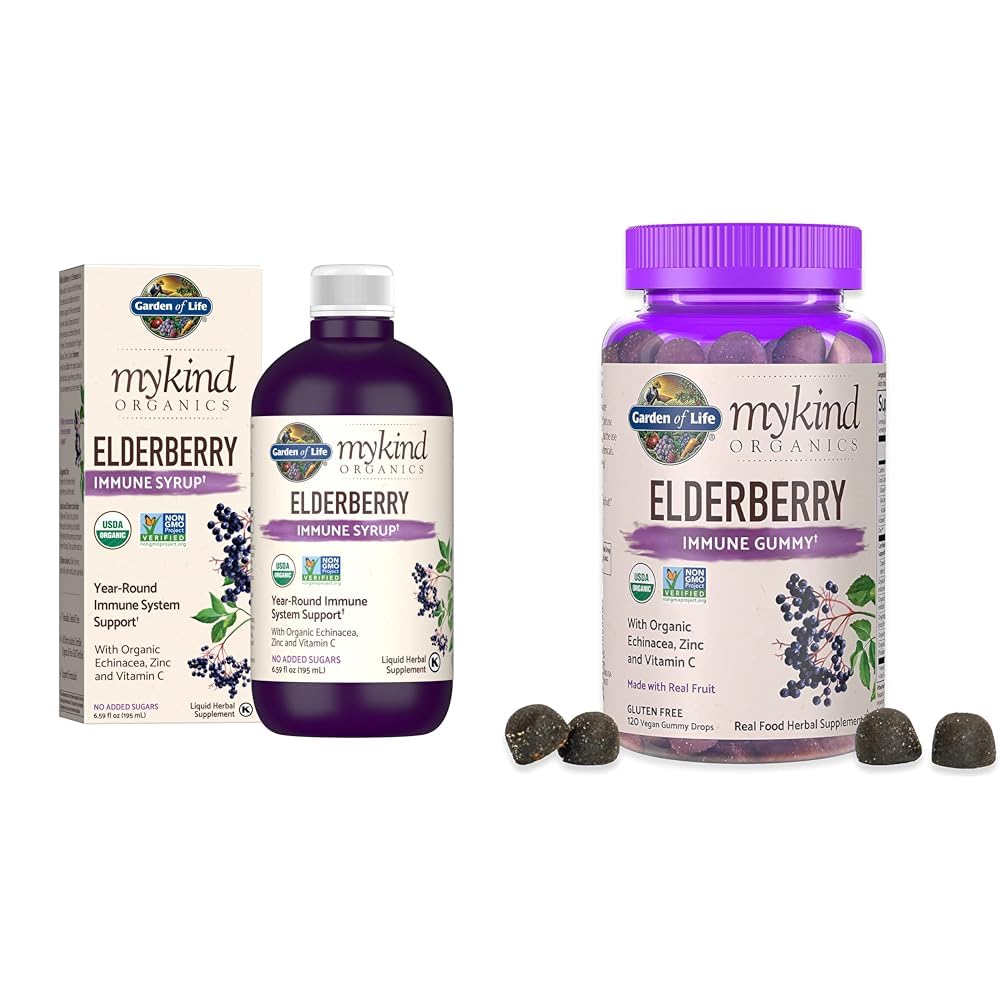 Garten des Lebens Bios Pflanzenbasierte Elderberry Immune Syrup 6.59 fl oz & Organics Elderberry Gummies für Erwachsene & Kinder