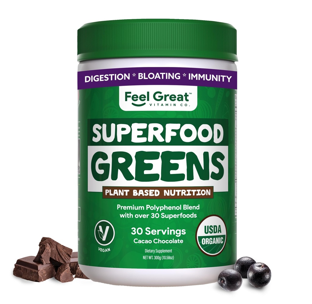 Feel Great Bio Superfood Greens Poudre - Chocolat de cacao , Supplément de fruits et légumes , Plus de 20 verts, fruits et légumes, fibre, probiotiques et enzymes digestives , 30 portions