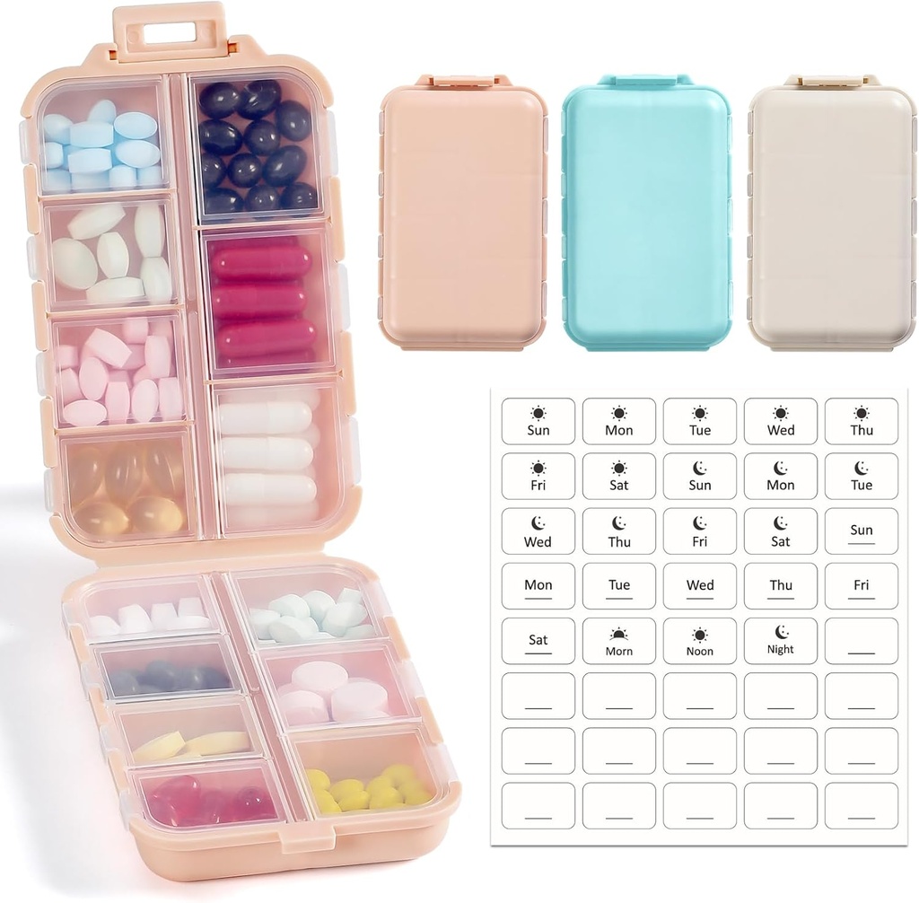 3 Pack, 14 GRIDS Travel Pill Organizer Box mit Etiketten - Travel Medicine Case Kit - Pocket Daily Pharmacy Container - Travel Medication Holder Dispenser für Fish Oil Vitamin Supplement Storage