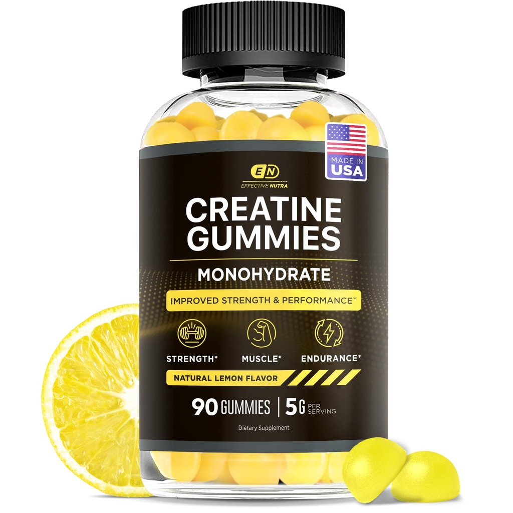 Effektive Nutra Creatine Monohydrate Gummie - 1g Kreatin pro Gummy - Veganer Muskel- & Kraft-Ergänzung für Männer & Frauen - Unterstützt Muskelwachstum, Energie, Ausdauer - Lemon Flavor, Made in USA (90ct)