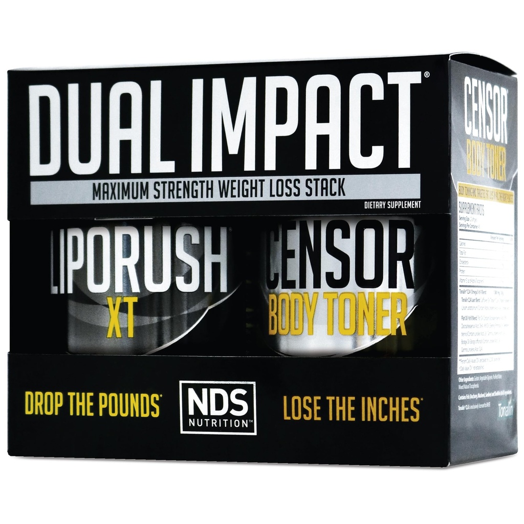 NDS Nutrition Maximum Strength Dual Impact Stack - Leistungsstarkes 2-in-1 Weight Loss Kit kombiniert High Energy Fat-Burning XT Thermogenic mit Premium CLA Censor Body Toner (60 Caps & 90 Softgels)