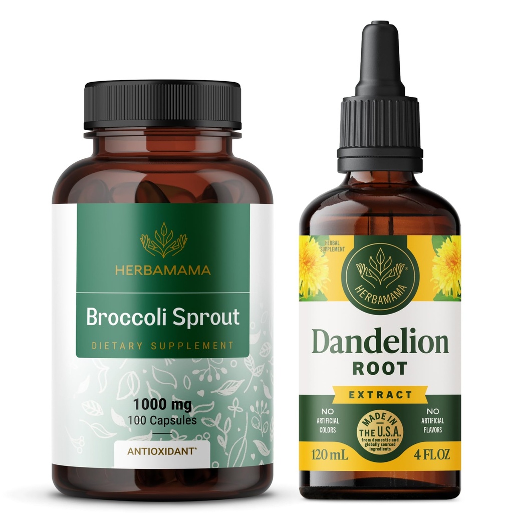 HERBAMAMA Broccoli Sprout and Dandelion Kit - Bundle of Broccoli Sprout Capsules & Dandelion Root Extract 4 fl oz - Vegan, Non GMO, Sugar & Alcohol-Free - 2 Pack