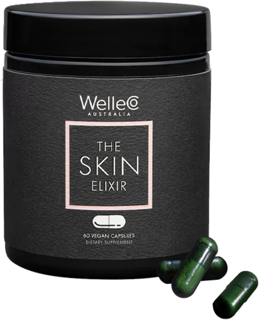 WelleCo La pelle Elixir Greens capsule in polvere con zinco, curcuma, cibo essenziale della pelle, supporta la formazione del collagene, Gluten Free & Vegan Glowing Skin Supplement, Firmness & Elasticity, 60 capsule