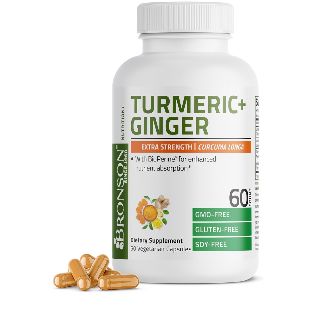 Bronson Turmeric + Ginger Extra Strength Joint Health & Digestion Support mit BioPerine, Non-GMO, 60 vegetarische Kapseln