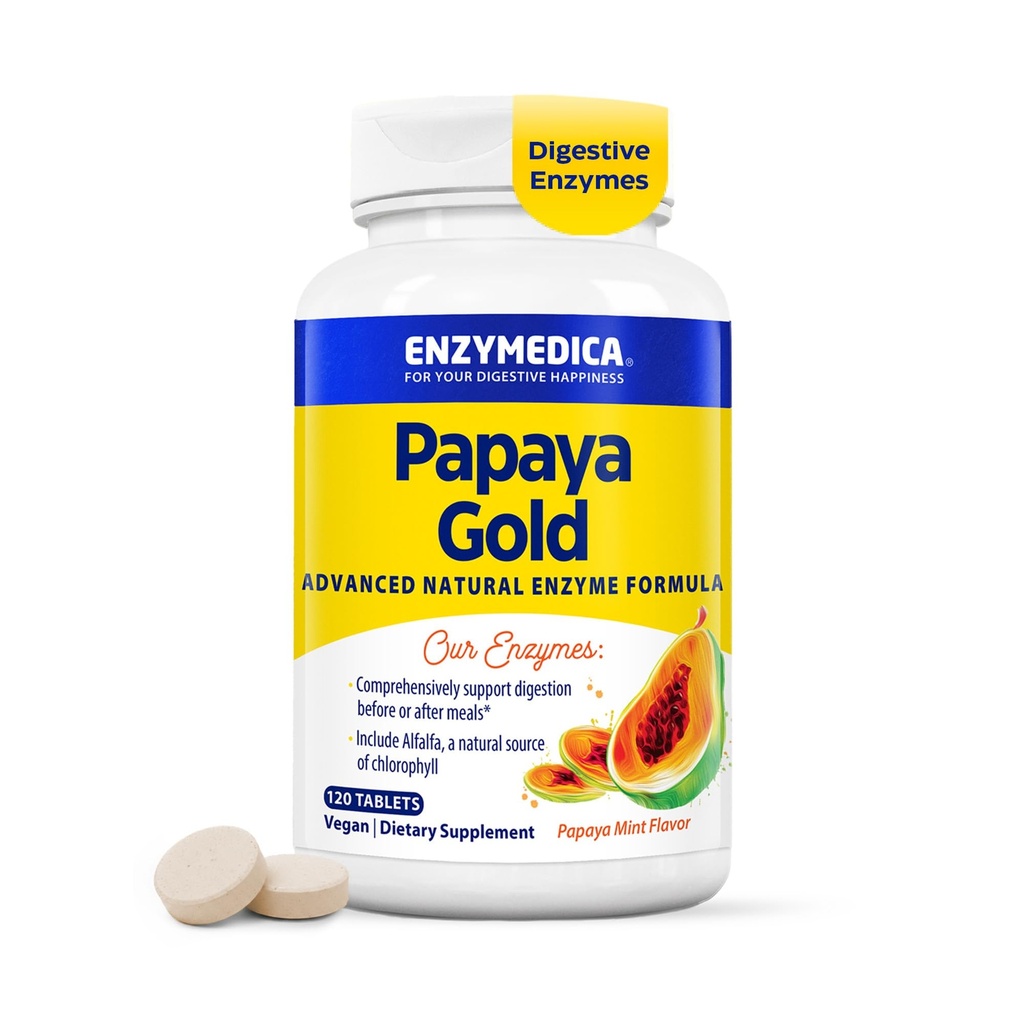 Enzymedica Papaya Gold, Fortgeschrittene Verdauungsenzyme mit natürlichem organischem Papaya & Chlorophyll für umfassende Verdauungsunterstützung, Hochpotenz Bromelain & Papain, Vegan, Minze, 120 Kautabletten