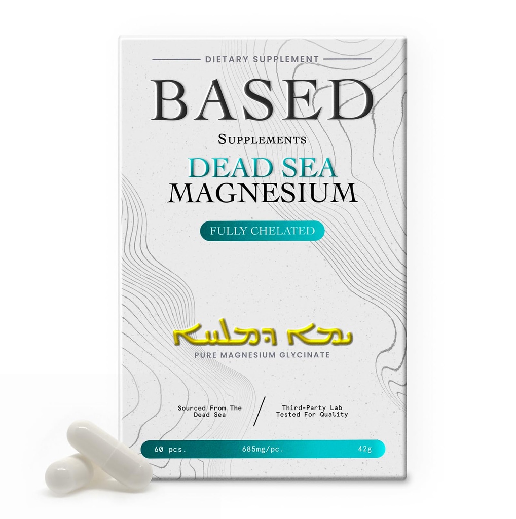 Based Dead Sea Magnesium | Pure Magnesium Glycinate | Support Stress Relief, Sleep, Heart Health, Nerves, Muscles, and Metabolism | 60 Capsules