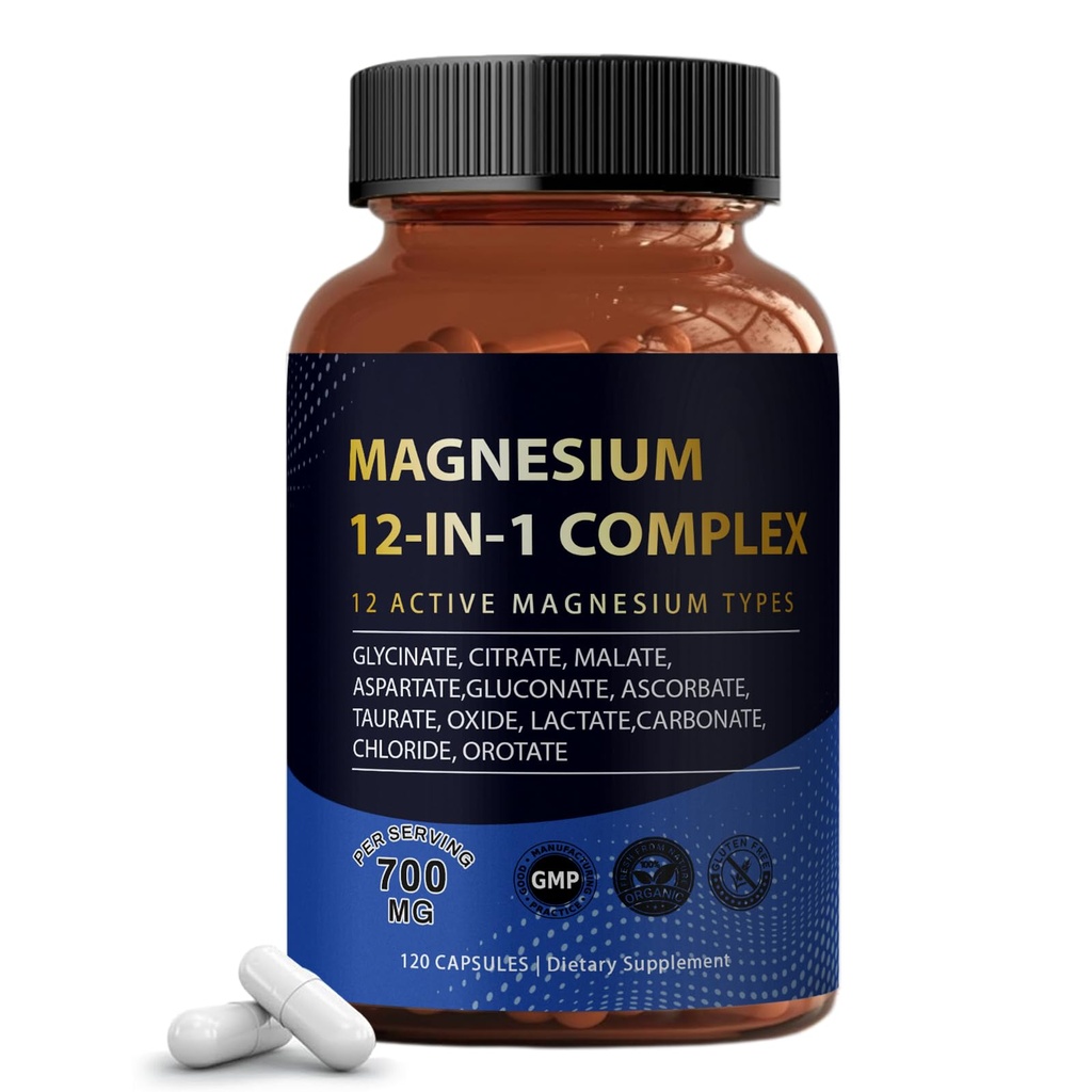 Puravita Magnesium Complex 700mg 12 in 1 Magnesium Supplement with Glycinate, Citrate, Malate & More | Easy Absorption, Energy Support, Vegan & Non-GMO | 120 Capsules (1pc)
