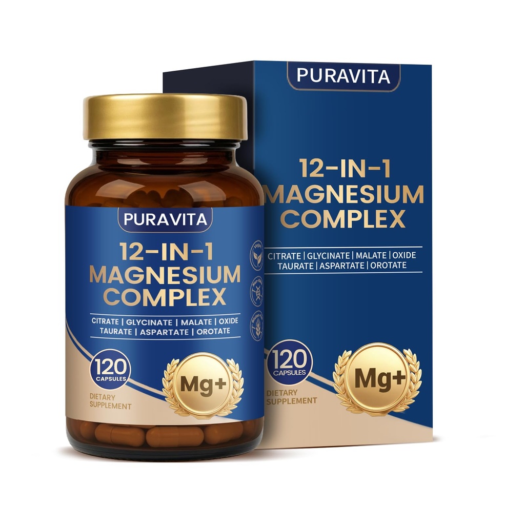 Puravita Magnesium Complex - Puravita 12 in 1 Magnesium Supplement with Glycinate, Citrate, Malate, Oxide, Taurat & More for Muscle, Nerve & Sleep Support, 120 Count