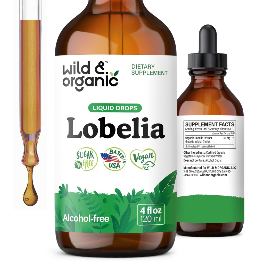 Wild & Organic Lobelia Tincture - Lung Detox and Cleanse - Flüssige Lobelia Kräuter-Ergänzung - Vegan, Zucker & Alkoholfreie Blatt-Extrakt Tropfen - 4 fl oz