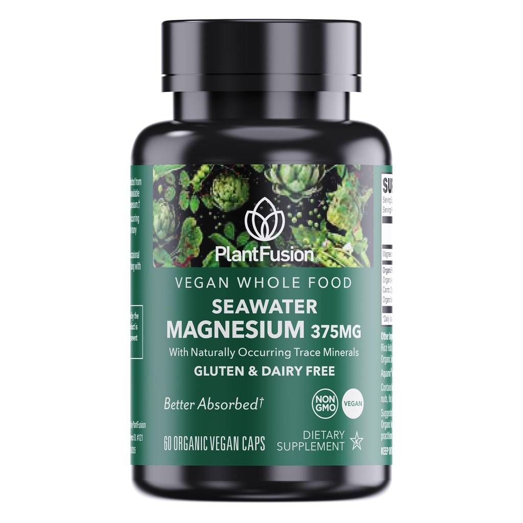 PlantFusion Vegan Magnesium Complex 375mg from Sea Water, Bioavailable Marine Magnesium with Fermented Organic Whole Food Blend, Non-GMO, Muscle & Relaxation Support, 60 Cap