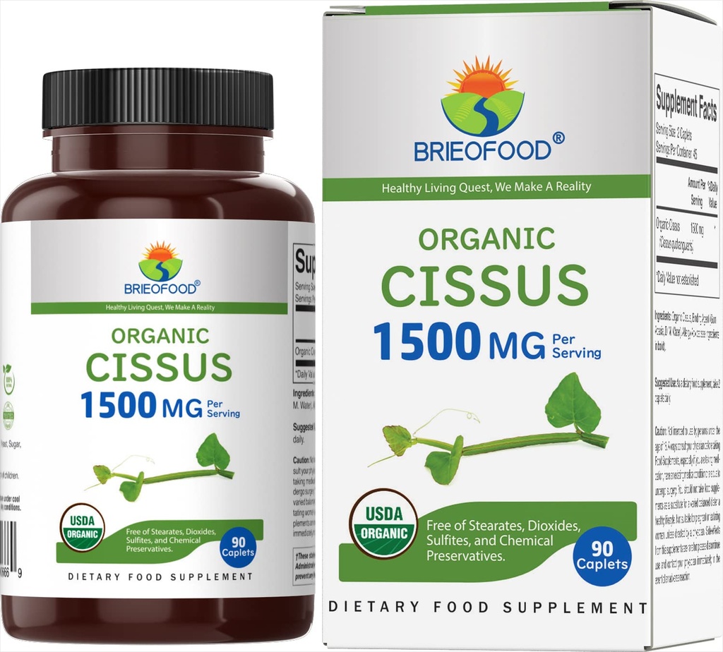 Brieofood Organic Cissus Quadrangularis 1500mg, 45 Servierungen, Vegetarisch, Glutenfrei, 90 Vegetarische Tabletten