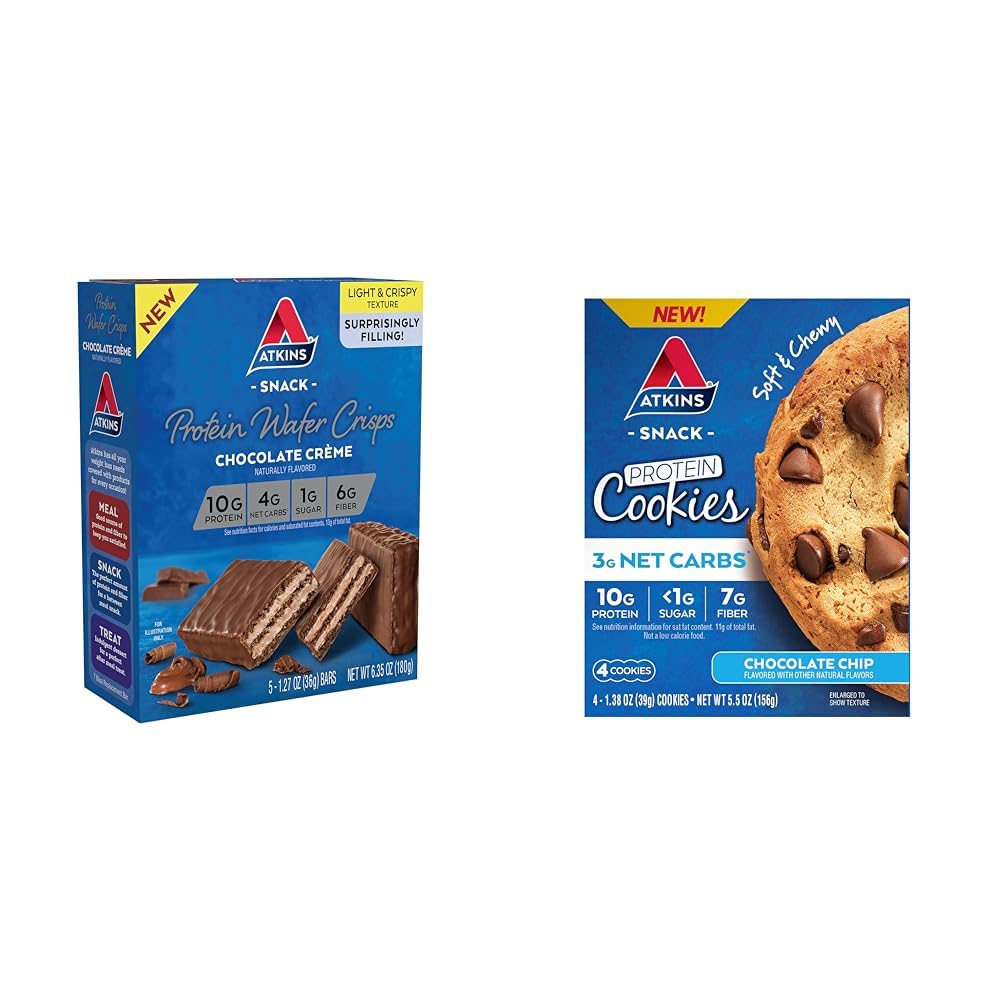 Atkins Chocolate Crème Protein Wafer Crisps 5 Count, Chocolate Chip Protein Cookie 4 Count, Low Carb High Fiber Protein Desserts