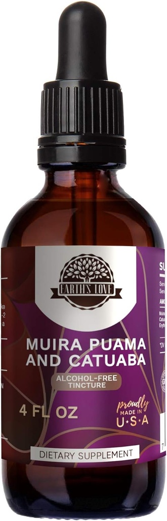 Erdliebe - Muira Puama und Catuaba Alkoholfreie Kräuterextrakt Tincture, Super-Concentrated (Ptychopetalum Olacoides und Trichilia catigua, Erythroxylum vacciniifolium) Getrocknete Kräuter (4 Fl Oz)