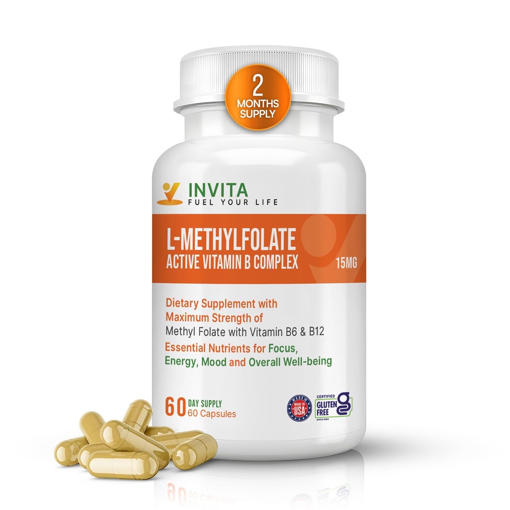 INVITA, L-Methylfolate 15mg + Active Vitamin B Complex – 60 Capsules - 5-MTHF Supplement with Vitamin B6 & B12 Methylcobalamin for Mood, Energy and Heart – Non-GMO, Gluten Free, 2-Month Supply