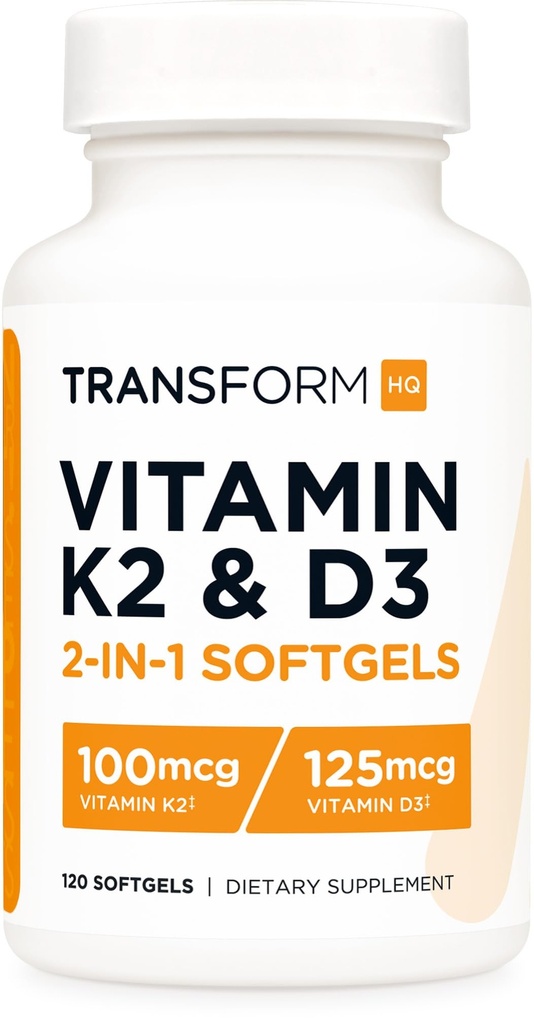 Transformer la vitamine K2 (MK7) (100mcg) + la vitamine D3 (5000 UI) 120 softgels - sans gluten et sans OGM