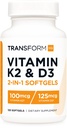 Transformer la vitamine K2 (MK7) (100mcg) + la vitamine D3 (5000 UI) 120 softgels - sans gluten et sans OGM