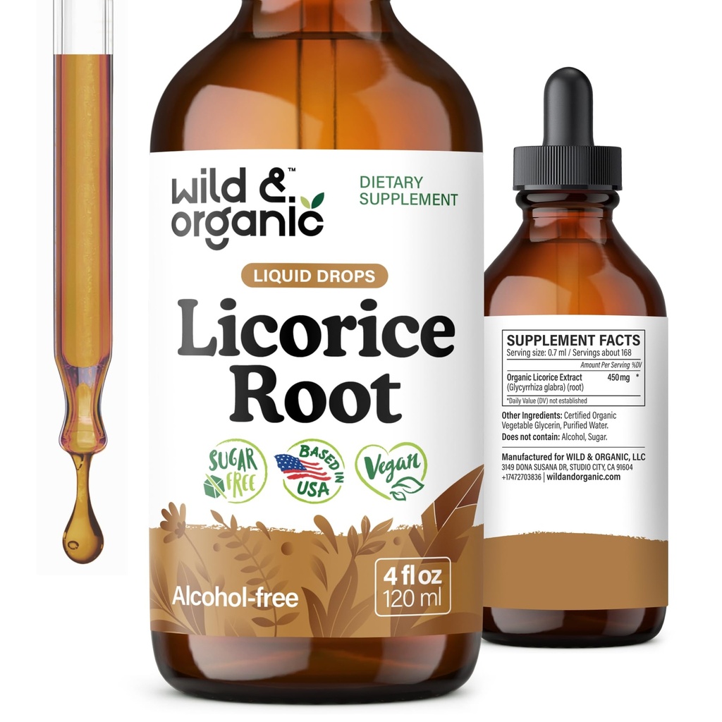 Wild & Organic Licorice Root Tincture - Verdauungs-, Lung & Skin-Unterstützung - Licorice Root Extract Liquid Drops - Vegan, Zucker & Alkoholfreie Ergänzung - 4 fl oz