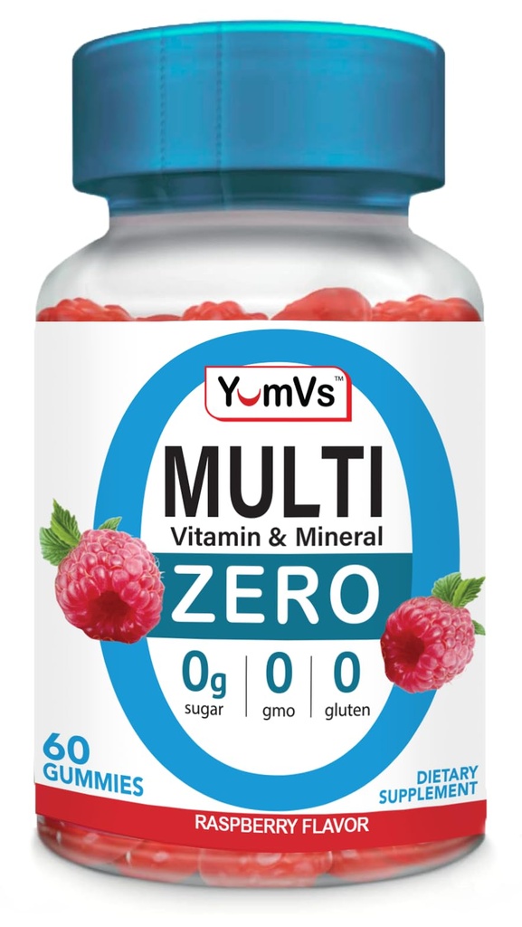 YUM-V'S Multivitamin Zero Gummies di YumVs | Integratore di vitamine senza zucchero per le donne e gli uomini | Cromo, Thiamine e Magnesio | Masticabili naturali di aroma di lampone - 60 Conte