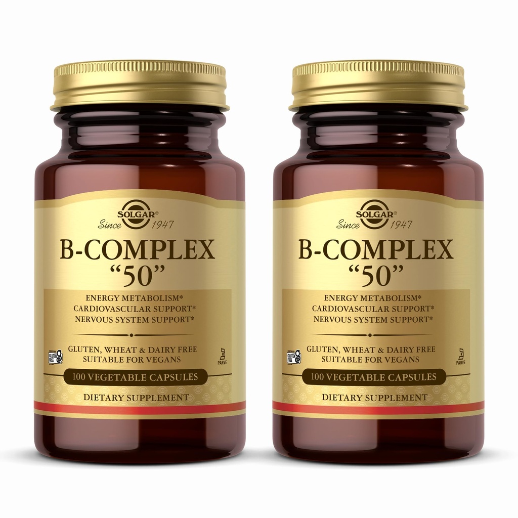 Solgar B-Complex “50” - 100 Pflanzliche Kapseln, Paket von 2 - Energie Metabolismus & Nervous System Unterstützung - Non-GMO, Vegan, Gluten Free - 200 Gesamt Servietten