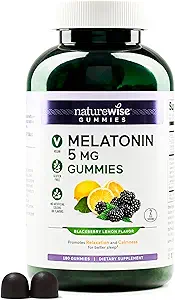 NatureWise Melatonin Gummies 5mg - Non-Habit Forming Sleep Support Supplement mit Ashwagandha, Valerian Root - BlackBerry-Lemon Flavor - Vegan, Glutenfrei, Non-GMO - 180 Count[90-Day Supply]