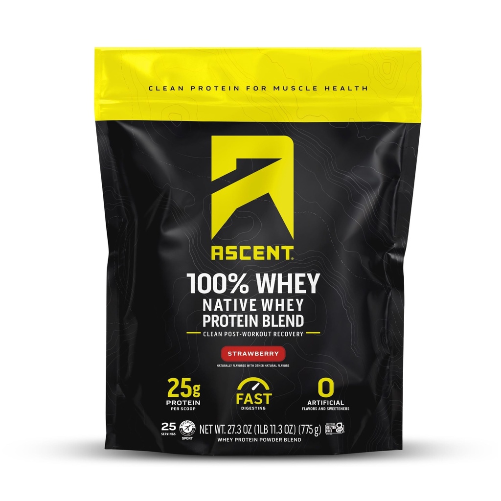 Ascent 100% Whey Protein Powder - Post Workout Whey Protein Isolate, Zero Artificial Flavors & Sweeteners, Gluten Free, 5.5g BCAA, 2.6g Leucine, Essential Amino Acids, Strawberry 1.7 lb