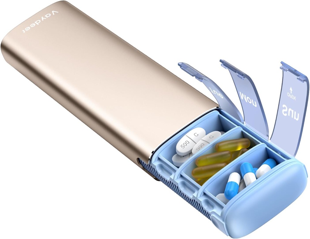 Vaydeer Metall Reise Pille Organizer, 7 Tage Wöchentliche Pille Box, große Kapazität täglich niedliche Pille Fall für Ergänzungen, Pillen, Vitamine und Medikamente (Kleine, Champagner)