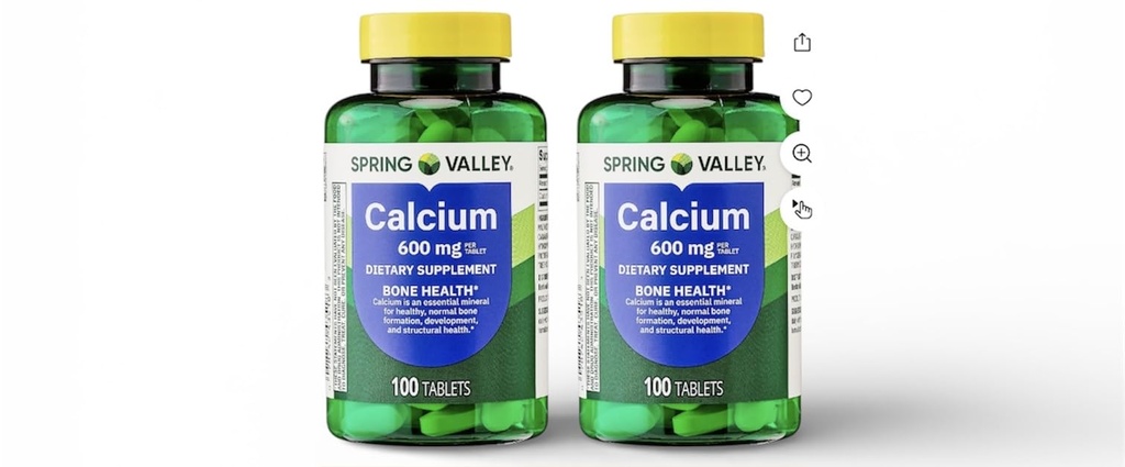 Spring Valley Calcium Bone Health Dietary Supplement Tablets, 600 mg, 100 Count (Pack of 2)