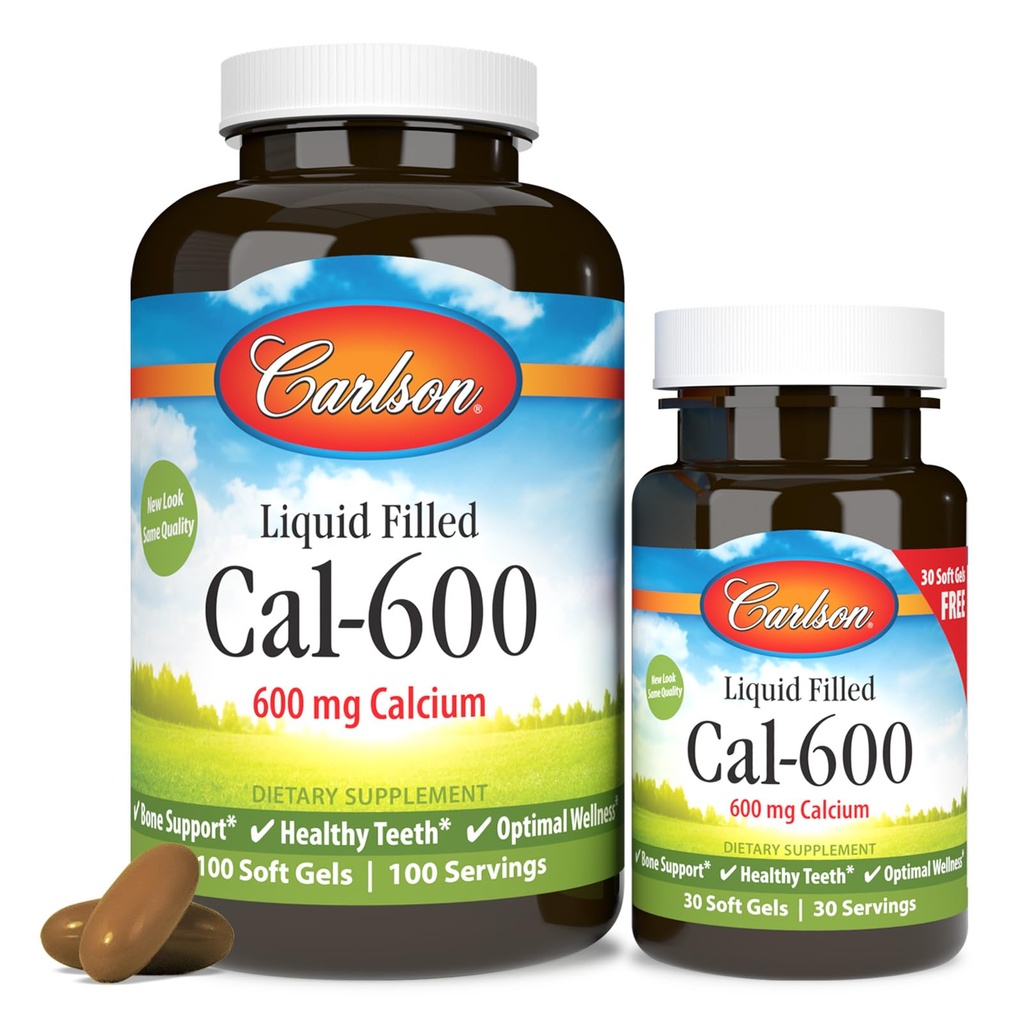 Carlson Cal-600, 600 mg, Calcium, Liquid Filled, 100 + 30 Softgels | Bone Support; Healthy Teeth; Optimal Wellness