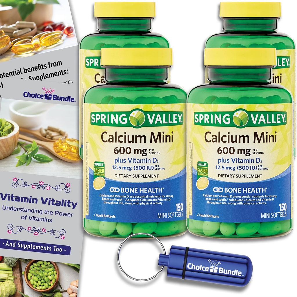 Spring Valley Calcium 600 mg Plus Vitamin D3 12.5 mcg 150 Ct Mini Softgels 4 Pk (600 Total) + “Vitamin Vitality” Guide & Pill Container (6 Items)!