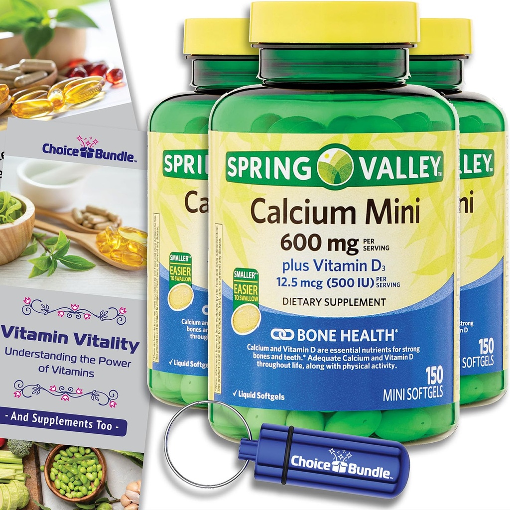 Spring Valley Calcium 600 mg Plus Vitamin D3 12.5 mcg 150 Ct Mini Softgels 3 Pk (450 Total) + “Vitamin Vitality” Guide & Pill Container (5 Items)!