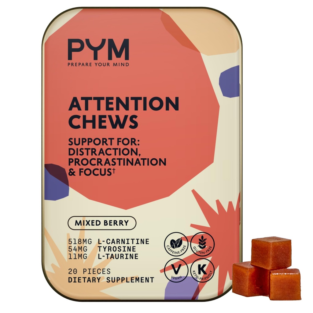 PYM Attention Chews Unterstützung für Procrastination, Fokus & Produktivität, 20 Count | 518mg L-Carnitin, 54mg Tyrosin, 11mg L-Taurin, Koffeinfrei | All-Natural Mood Boost Supplement Made in USA