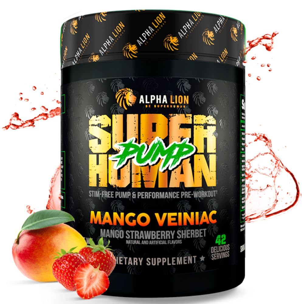 ALPHA LION Superhuman Pump Pre Workout Powder, Nootropic Caffeine & Stim Free Preworkout Supplement, Nitric Oxid Booster, Muskel Gainer, Energy & Focus (42 Servierungen, Mango Veiniac Flavor)