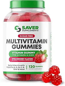 Gommies multivitamines sans sucre, 120 Gommies – Gommy aux vitamines naturellement aromatisées et sucrées pour les femmes et les enfants – Saveur aux fraises