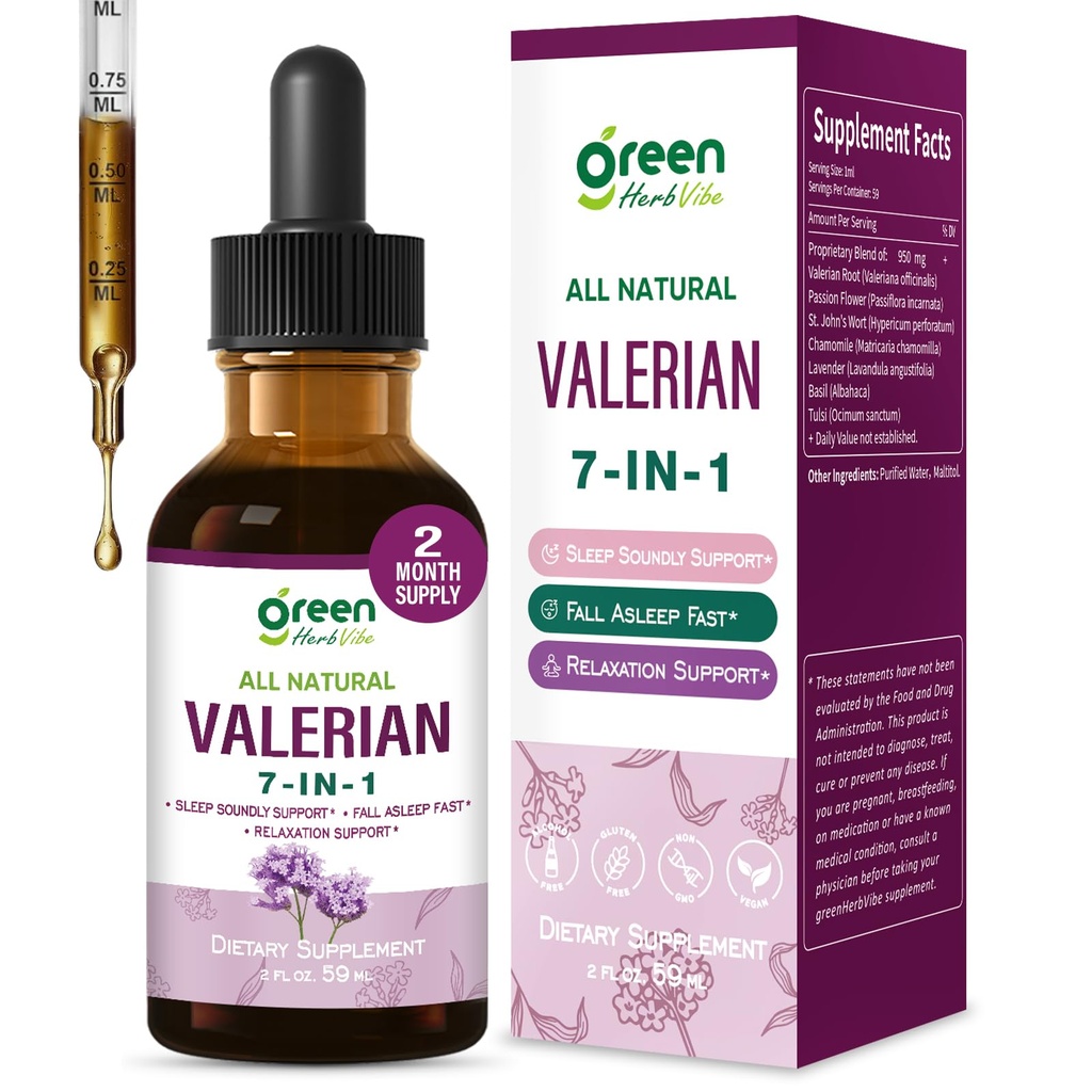 Valerian Root (Valeriana) Sleep Support Drops, 7-in-1 Herbal Extract Liquid Tincture Supplement for Relaxation & Sleep Soundly & Deeply with Passion Flower, Chamomile & Lavender. 2oz