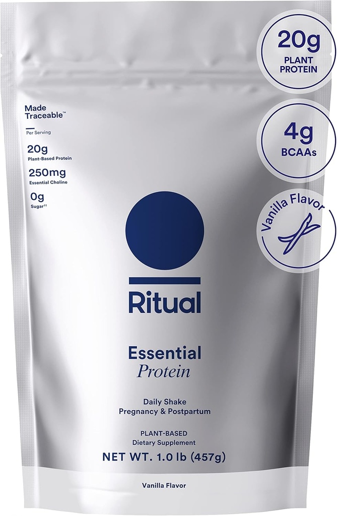 Poudre de protéines végétaliennes prénatales rituelles: Choline pour soutenir la prénatale, la postpartum, et la lactation, 20g de protéines de pois organiques des fermes régénératives aux États-Unis, sans gluten, à base de plantes, sans sucre†, vanille, 1Lbs