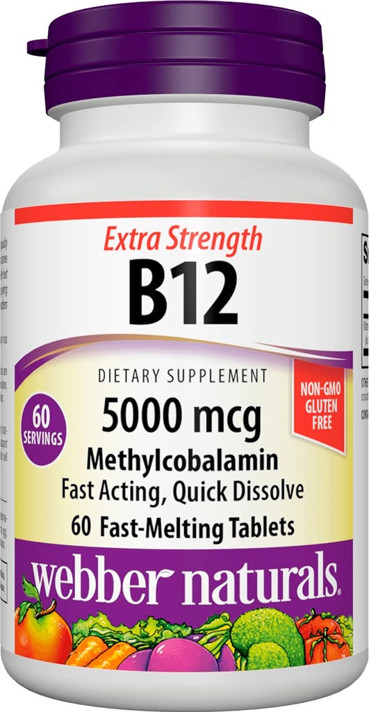 Webber Naturals Vitamine B12 5000 mcg, 60 Compte, comprimés à dissolution rapide, supplément de vitamine pour le métabolisme de l'énergie, immunitaire et la santé du coeur, formule végétarienne, 60 jours d'approvisionnement